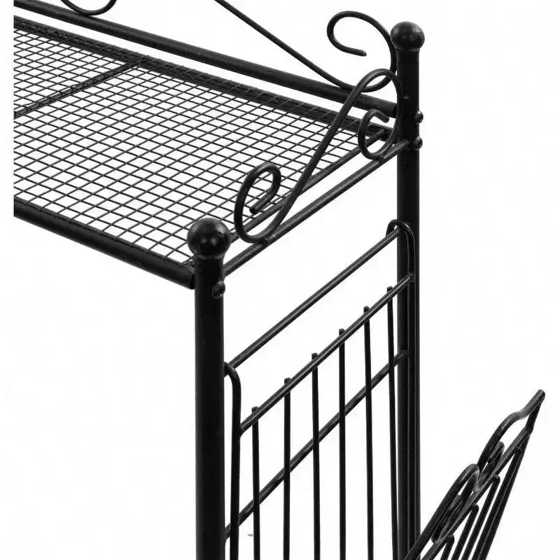 Étagère autonome de salle de bain en métal noir à placer au-dessus des toilettes, avec motifs volutes vintage et panier à magazines