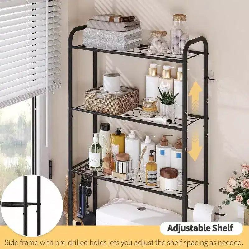 Étagère de rangement WC 3 niveaux en métal robuste pour salle de bain, organiseur autoportant avec étagères larges pour serviettes, papier toilette, noir