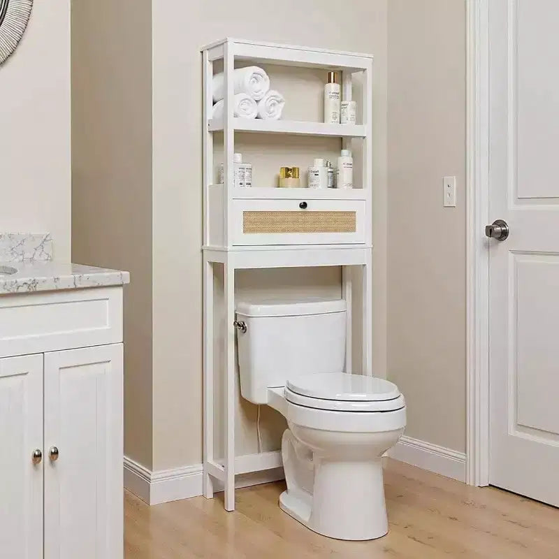 Meuble de rangement au-dessus des toilettes à 3 niveaux, organisateur de salle de bain avec porte en rotin, économiseur d'espace en bois pour toilettes, salle de bain, buanderie