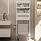 Meuble de rangement au-dessus des toilettes à 3 niveaux, organisateur de salle de bain avec porte en rotin, économiseur d'espace en bois pour toilettes, salle de bain, buanderie