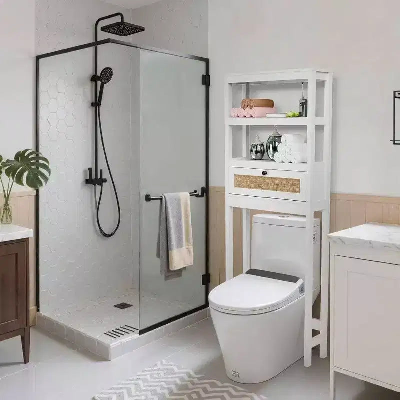 Meuble de rangement au-dessus des toilettes à 3 niveaux, organisateur de salle de bain avec porte en rotin, économiseur d'espace en bois pour toilettes, salle de bain, buanderie
