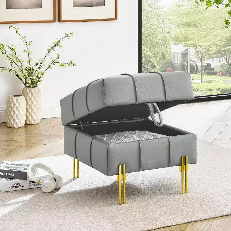 TUYOHW 22 Pouf de rangement en cuir anti-rayures, banc de bout de lit adapté aux animaux de compagnie avec pieds en métal doré, pouf pour salon, chambre, entrée