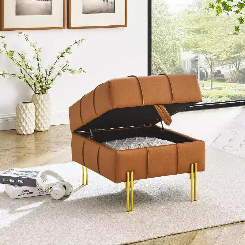 TUYOHW 22 Pouf de rangement en cuir anti-rayures, banc de bout de lit adapté aux animaux de compagnie avec pieds en métal doré, pouf pour salon, chambre, entrée