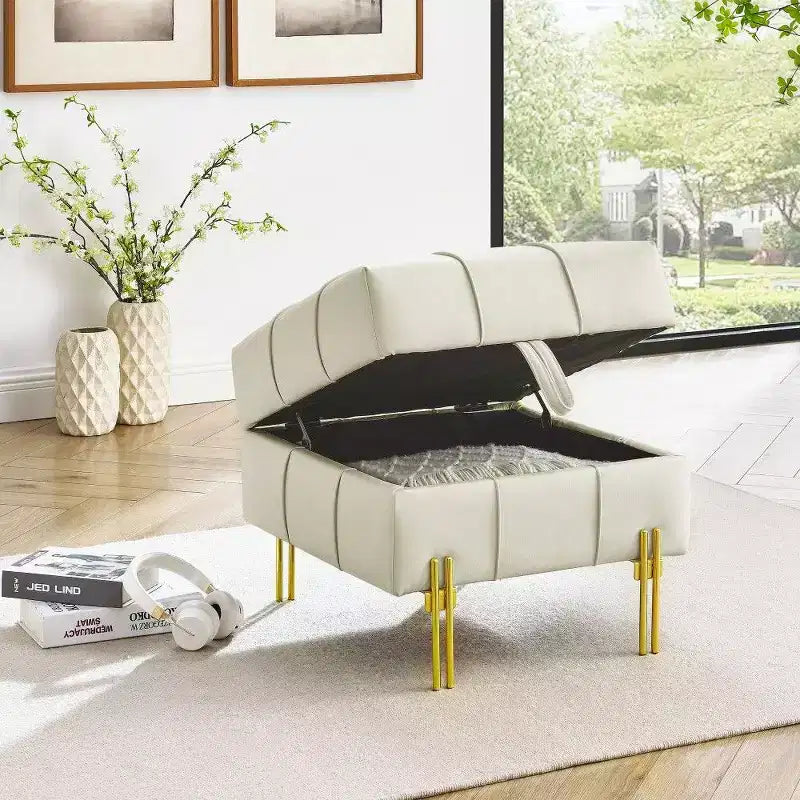 TUYOHW 22 Pouf de rangement en cuir anti-rayures, banc de bout de lit adapté aux animaux de compagnie avec pieds en métal doré, pouf pour salon, chambre, entrée