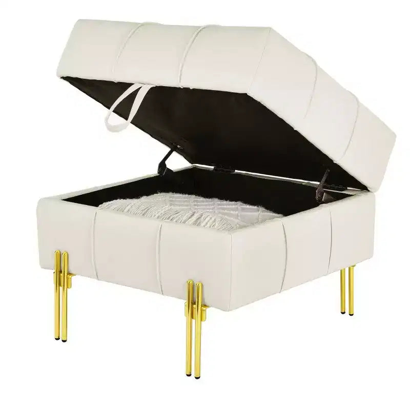 TUYOHW 22 Pouf de rangement en cuir anti-rayures, banc de bout de lit adapté aux animaux de compagnie avec pieds en métal doré, pouf pour salon, chambre, entrée