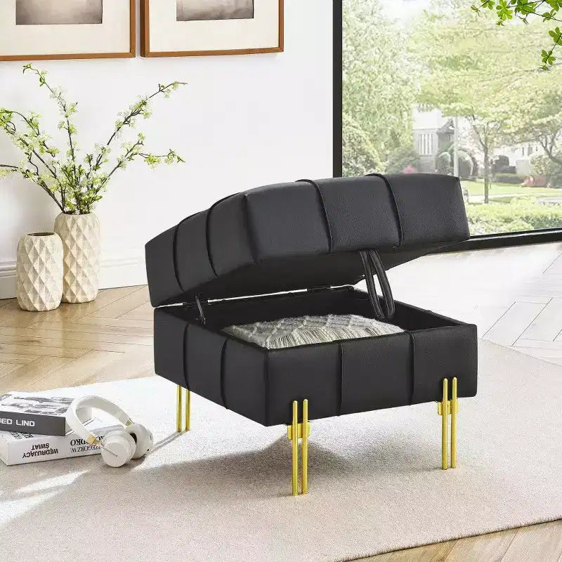 TUYOHW 22 Pouf de rangement en cuir anti-rayures, banc de bout de lit adapté aux animaux de compagnie avec pieds en métal doré, pouf pour salon, chambre, entrée