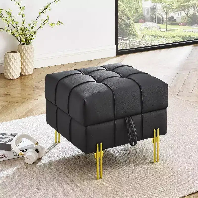 TUYOHW 22 Pouf de rangement en cuir anti-rayures, banc de bout de lit adapté aux animaux de compagnie avec pieds en métal doré, pouf pour salon, chambre, entrée