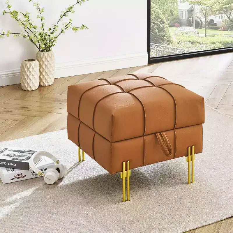 TUYOHW 22 Pouf de rangement en cuir anti-rayures, banc de bout de lit adapté aux animaux de compagnie avec pieds en métal doré, pouf pour salon, chambre, entrée