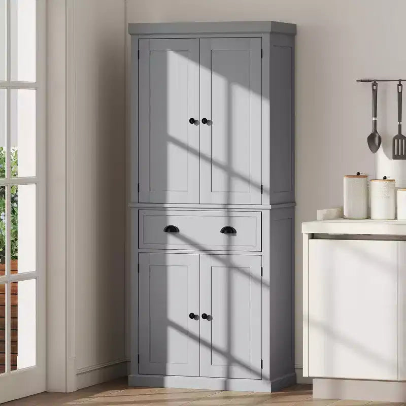 HOMCOM Armoire de cuisine traditionnelle sur pied de 184 cm avec 2 armoires, tiroir et étagères réglables, gris