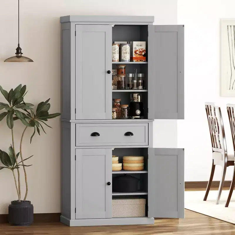 HOMCOM Armoire de cuisine traditionnelle sur pied de 184 cm avec 2 armoires, tiroir et étagères réglables, gris