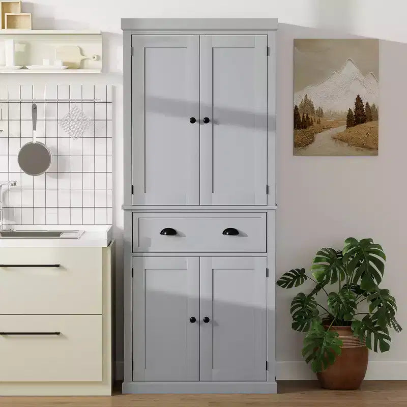 HOMCOM Armoire de cuisine traditionnelle sur pied de 184 cm avec 2 armoires, tiroir et étagères réglables, gris