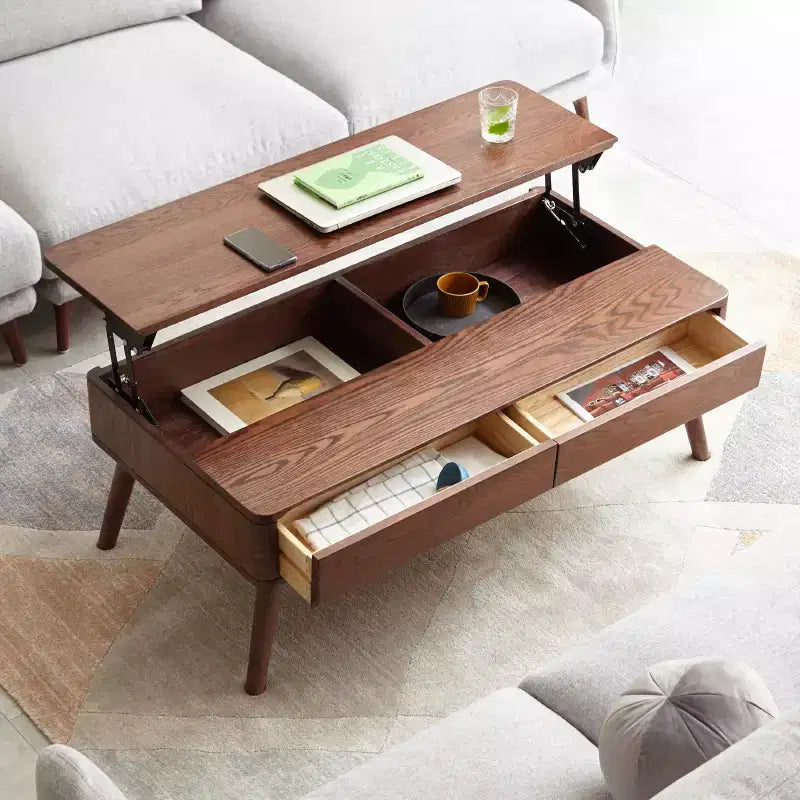 GDFStudio Michael Bureau en bois massif, table basse relevable avec deux tiroirs et compartiment caché