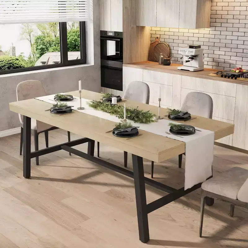 Table à manger pour 6-8 personnes, table de cuisine rectangulaire de 200 cm, tables de cuisine industrielles en bois de style rustique avec cadre métallique robuste, pour bureau et maison