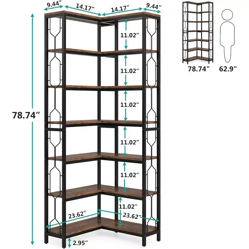 Lantine Étagère d'angle à 7 niveaux, bibliothèque haute de 199,9 cm avec rangement, étagère d'angle, étagère de présentation pour salon, chambre, bureau à domicile (marron)
