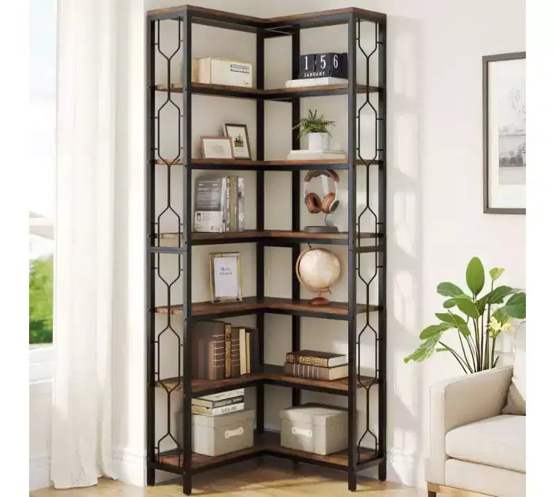 Lantine Étagère d'angle à 7 niveaux, bibliothèque haute de 199,9 cm avec rangement, étagère d'angle, étagère de présentation pour salon, chambre, bureau à domicile (marron)
