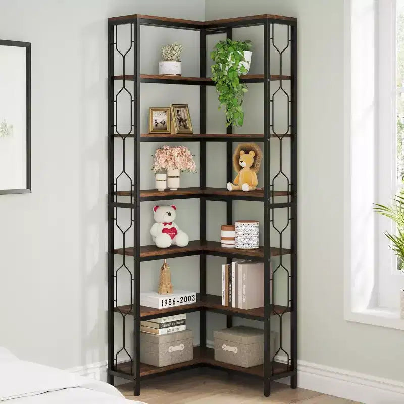 Lantine Étagère d'angle à 7 niveaux, bibliothèque haute de 199,9 cm avec rangement, étagère d'angle, étagère de présentation pour salon, chambre, bureau à domicile (marron)