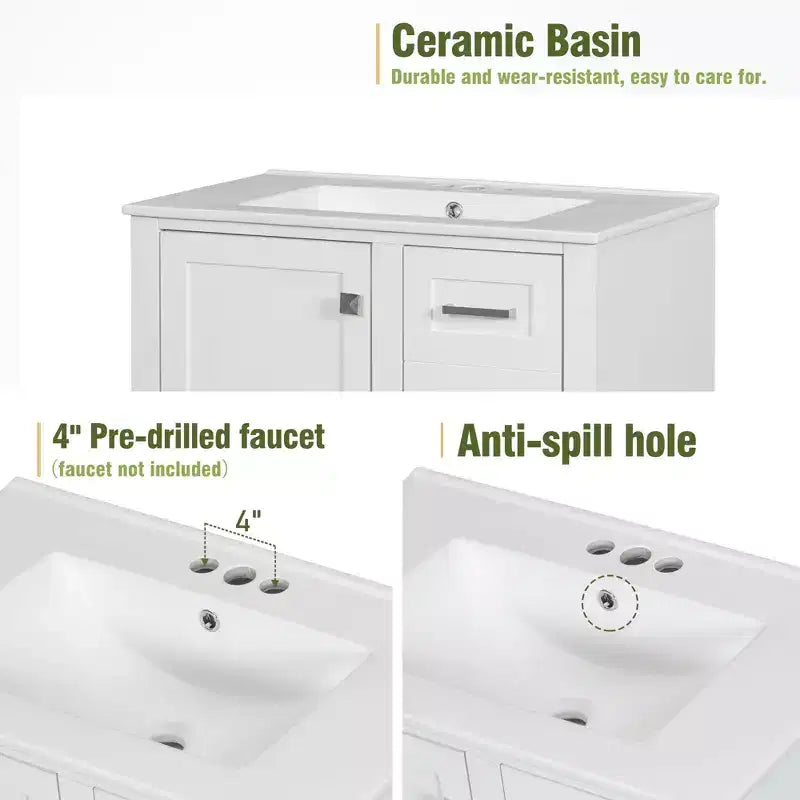 Meuble-lavabo de salle de bain de 76 cm avec lavabo encastré en céramique, meuble de rangement de salle de bain moderne avec 3 tiroirs et 1 porte à fermeture douce, assemblage rapide