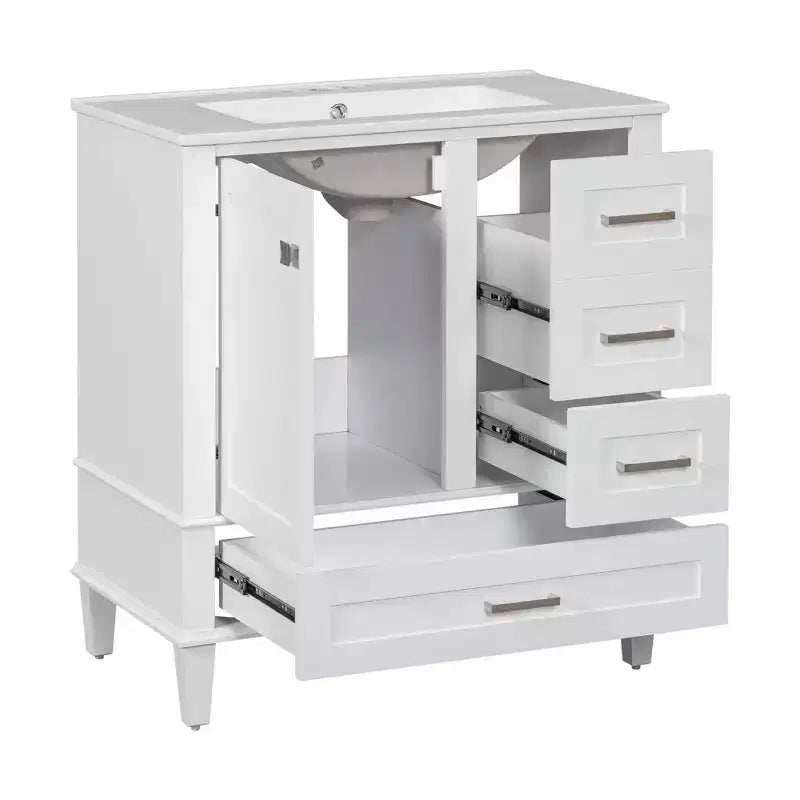 Meuble-lavabo de salle de bain de 76 cm avec lavabo encastré en céramique, meuble de rangement de salle de bain moderne avec 3 tiroirs et 1 porte à fermeture douce, assemblage rapide