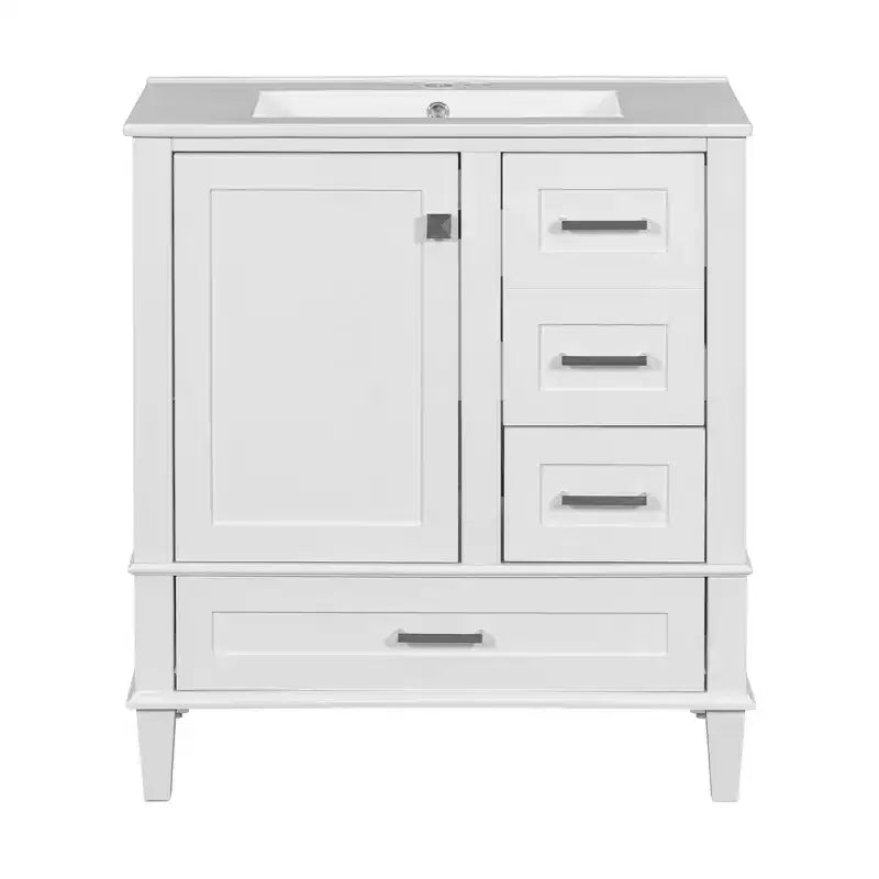 Meuble-lavabo de salle de bain de 76 cm avec lavabo encastré en céramique, meuble de rangement de salle de bain moderne avec 3 tiroirs et 1 porte à fermeture douce, assemblage rapide