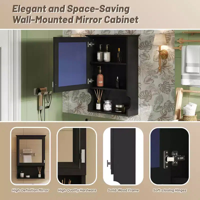MAYEERTY Armoire de Toilette Murale 20 po avec Porte Miroir, Meuble Haut de Salle de Bain Mural avec Miroir Noir