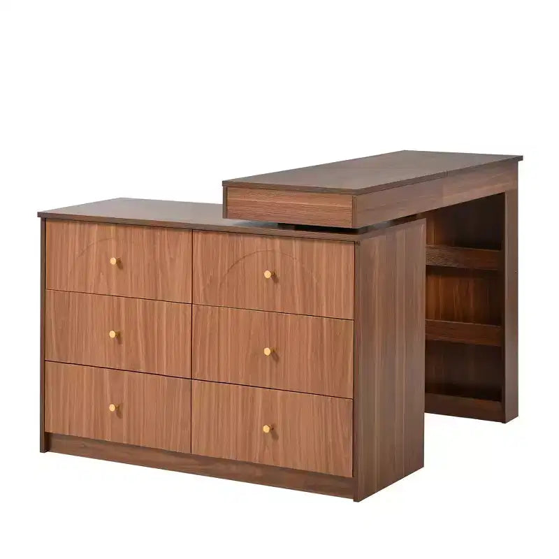 Coiffeuse convertible Whisen avec miroir rabattable, 6 tiroirs, 9 compartiments et disposition en L ou droite