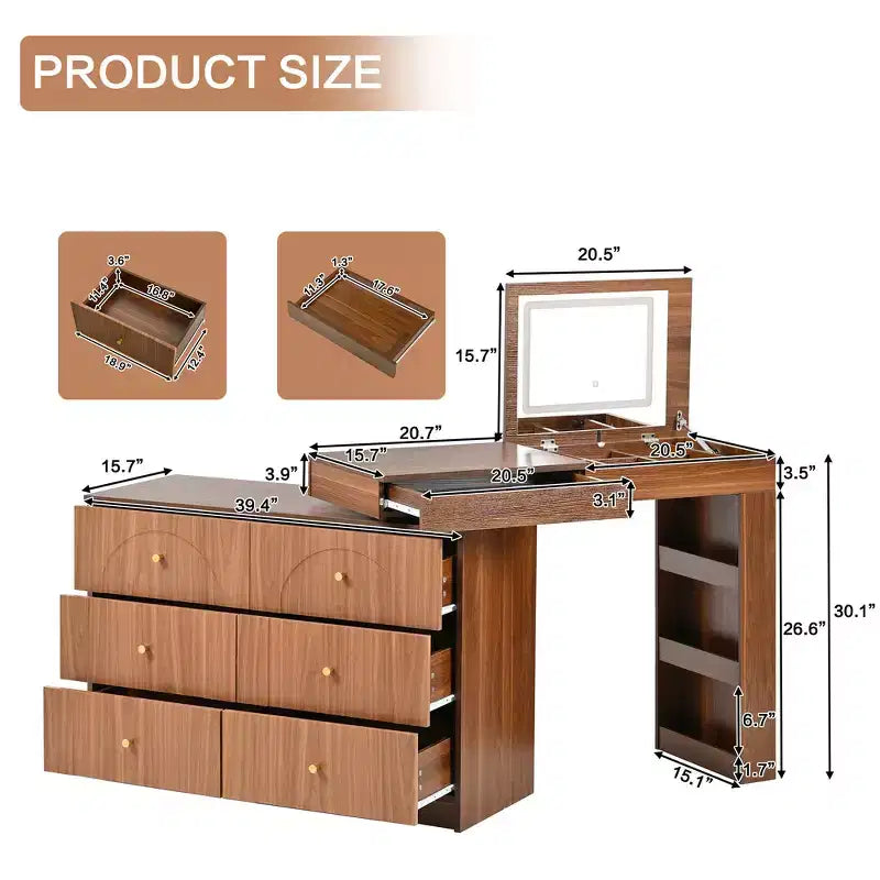 Coiffeuse convertible Whisen avec miroir rabattable, 6 tiroirs, 9 compartiments et disposition en L ou droite