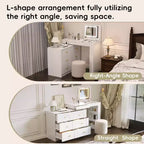 Coiffeuse convertible Whisen avec miroir rabattable, 6 tiroirs, 9 compartiments et disposition en L ou droite