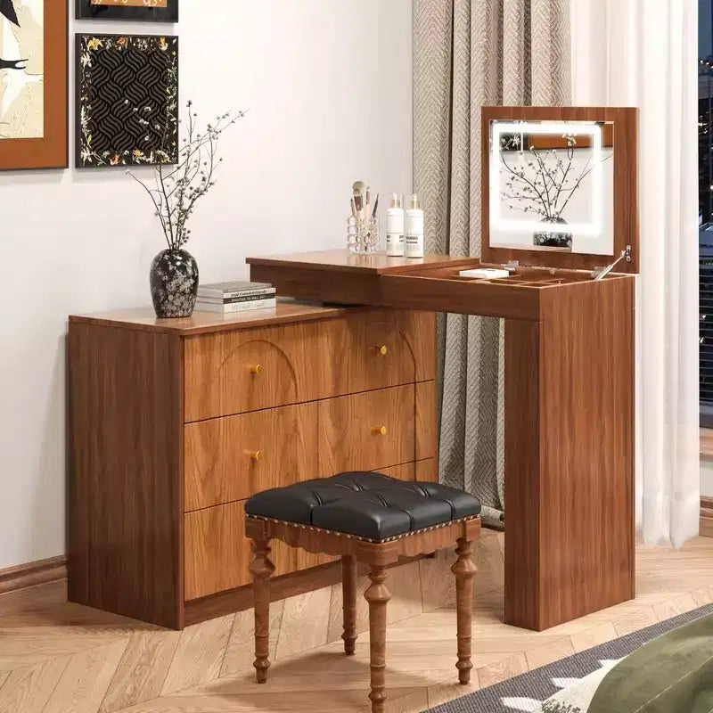 Coiffeuse convertible Whisen avec miroir rabattable, 6 tiroirs, 9 compartiments et disposition en L ou droite