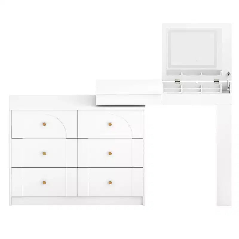 Coiffeuse convertible Whisen avec miroir rabattable, 6 tiroirs, 9 compartiments et disposition en L ou droite