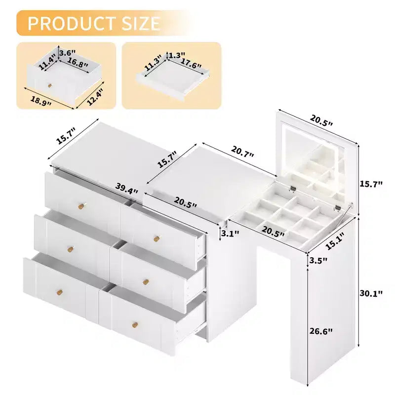 Coiffeuse convertible Whisen avec miroir rabattable, 6 tiroirs, 9 compartiments et disposition en L ou droite
