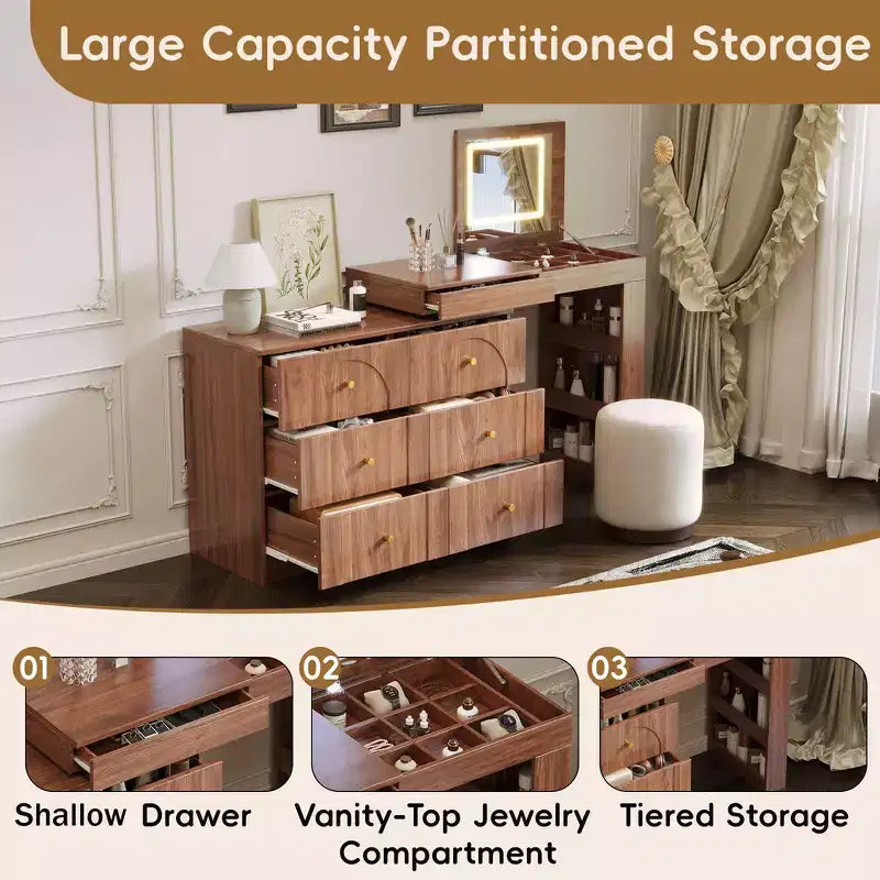Coiffeuse convertible Whisen avec miroir rabattable, 6 tiroirs, 9 compartiments et disposition en L ou droite