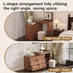 Coiffeuse convertible Whisen avec miroir rabattable, 6 tiroirs, 9 compartiments et disposition en L ou droite