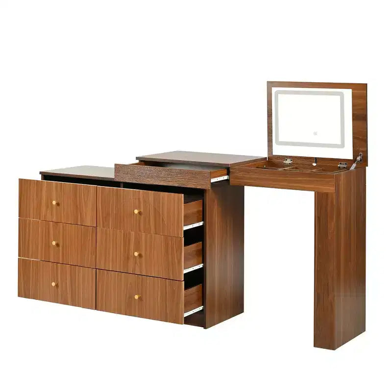 Coiffeuse convertible Whisen avec miroir rabattable, 6 tiroirs, 9 compartiments et disposition en L ou droite