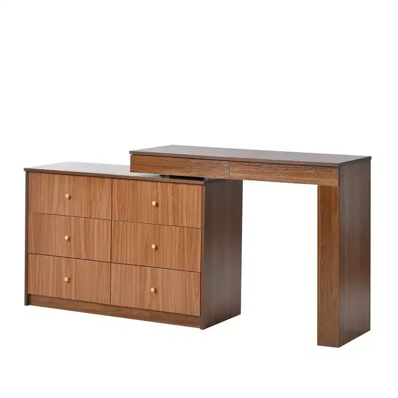 Coiffeuse convertible Whisen avec miroir rabattable, 6 tiroirs, 9 compartiments et disposition en L ou droite