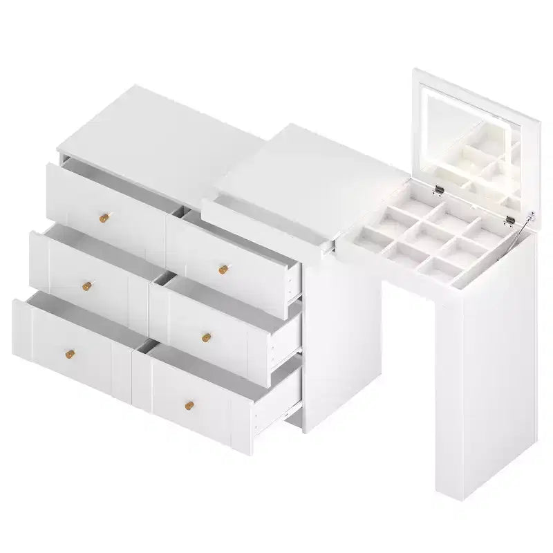 Coiffeuse convertible Whisen avec miroir rabattable, 6 tiroirs, 9 compartiments et disposition en L ou droite