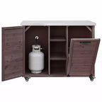 Îlot de cuisine extérieure Whisen 78.3, chariot de barbecue en bois, chariot de bar extérieur, table de barbecue pliable avec plateau en acier inoxydable