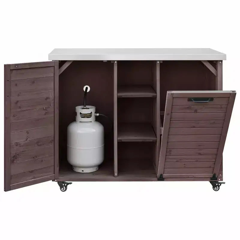 Îlot de cuisine extérieure Whisen 78.3, chariot de barbecue en bois, chariot de bar extérieur, table de barbecue pliable avec plateau en acier inoxydable