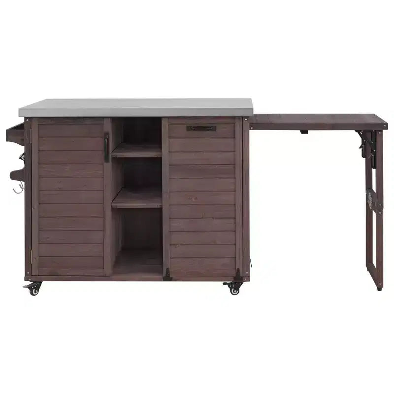 Îlot de cuisine extérieure Whisen 78.3, chariot de barbecue en bois, chariot de bar extérieur, table de barbecue pliable avec plateau en acier inoxydable