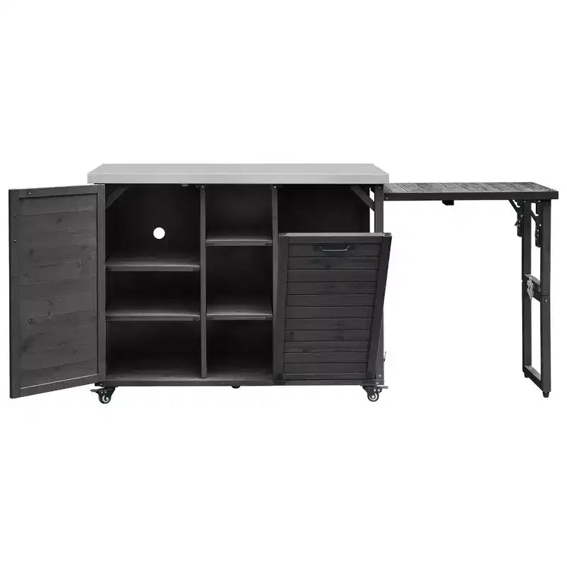 Îlot de cuisine extérieure Whisen 78.3, chariot de barbecue en bois, chariot de bar extérieur, table de barbecue pliable avec plateau en acier inoxydable
