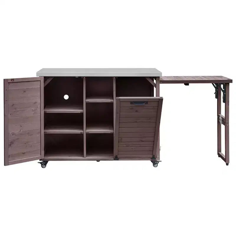 Îlot de cuisine extérieure Whisen 78.3, chariot de barbecue en bois, chariot de bar extérieur, table de barbecue pliable avec plateau en acier inoxydable