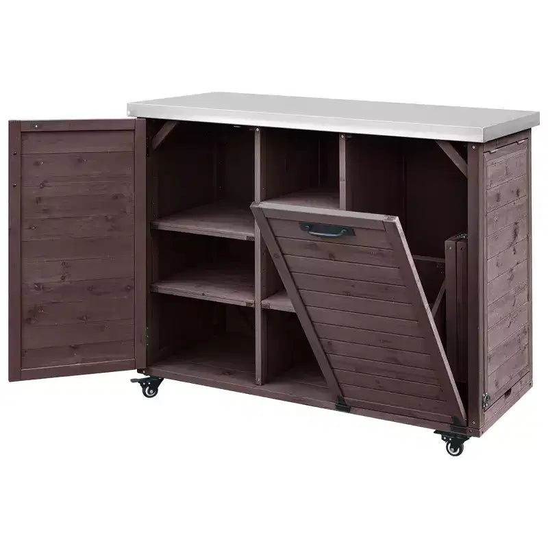 Îlot de cuisine extérieure Whisen 78.3, chariot de barbecue en bois, chariot de bar extérieur, table de barbecue pliable avec plateau en acier inoxydable