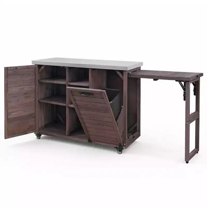 Îlot de cuisine extérieure Whisen 78.3, chariot de barbecue en bois, chariot de bar extérieur, table de barbecue pliable avec plateau en acier inoxydable