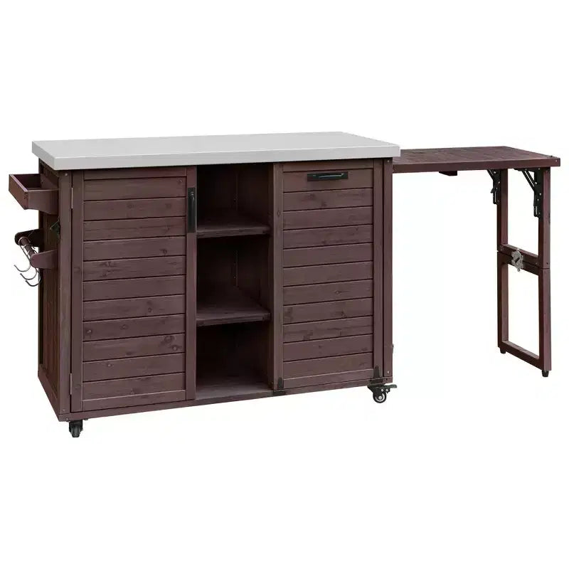 Îlot de cuisine extérieure Whisen 78.3, chariot de barbecue en bois, chariot de bar extérieur, table de barbecue pliable avec plateau en acier inoxydable