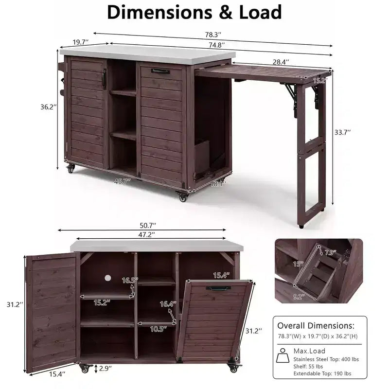Îlot de cuisine extérieure Whisen 78.3, chariot de barbecue en bois, chariot de bar extérieur, table de barbecue pliable avec plateau en acier inoxydable