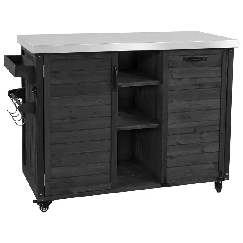 Îlot de cuisine extérieure Whisen 78.3, chariot de barbecue en bois, chariot de bar extérieur, table de barbecue pliable avec plateau en acier inoxydable
