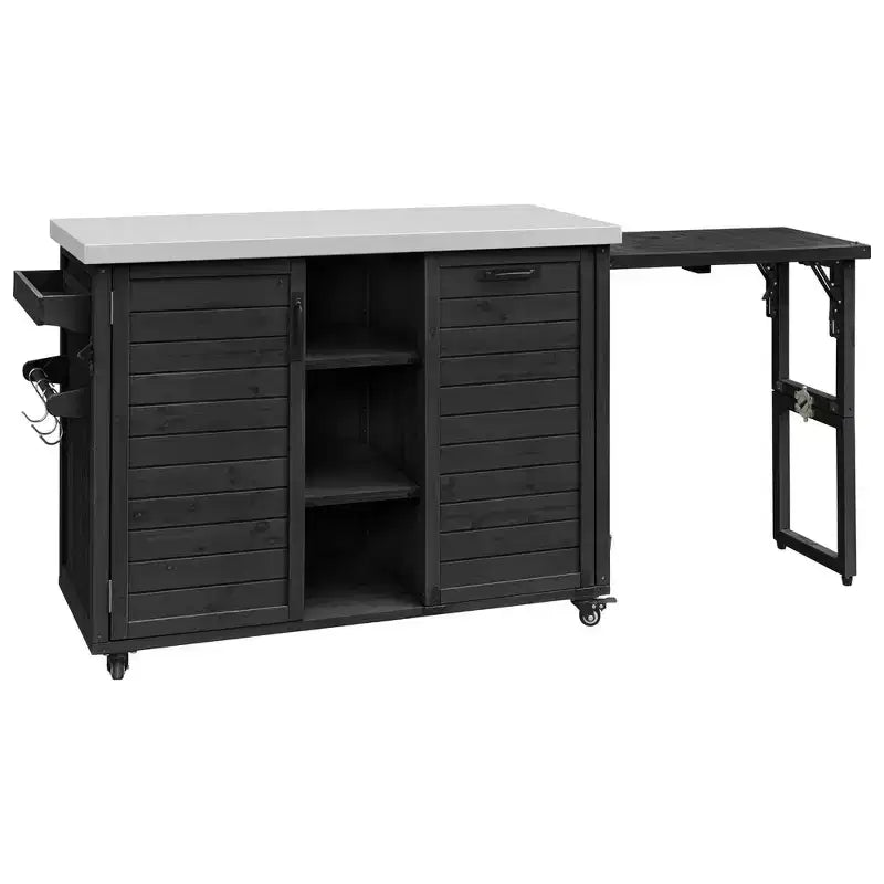 Îlot de cuisine extérieure Whisen 78.3, chariot de barbecue en bois, chariot de bar extérieur, table de barbecue pliable avec plateau en acier inoxydable