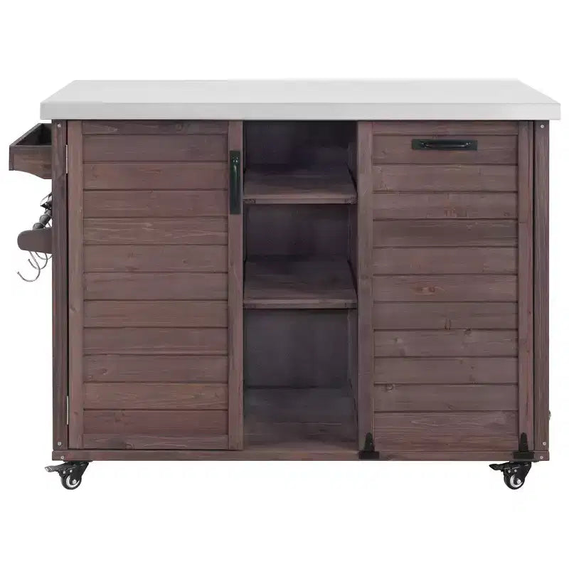 Îlot de cuisine extérieure Whisen 78.3, chariot de barbecue en bois, chariot de bar extérieur, table de barbecue pliable avec plateau en acier inoxydable
