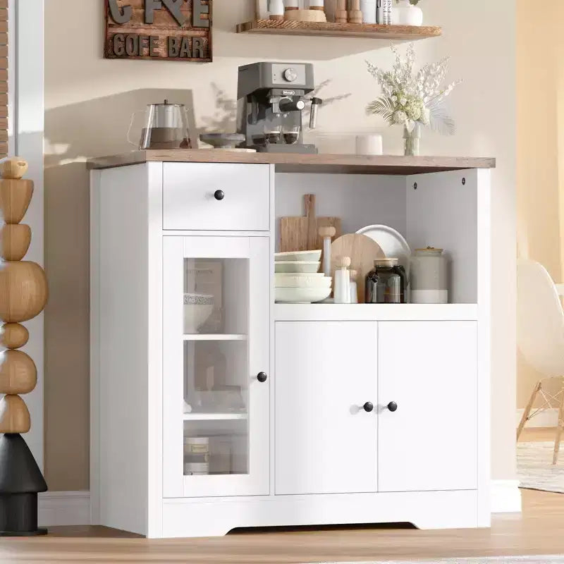 Meuble de cuisine pour micro-ondes, blanc et noyer - Buffet de rangement à 3 portes avec étagères réglables pour salle à manger, salon et couloir