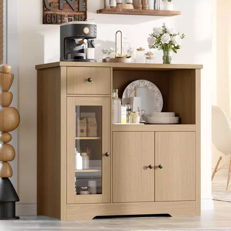 Meuble de cuisine pour micro-ondes, blanc et noyer - Buffet de rangement à 3 portes avec étagères réglables pour salle à manger, salon et couloir