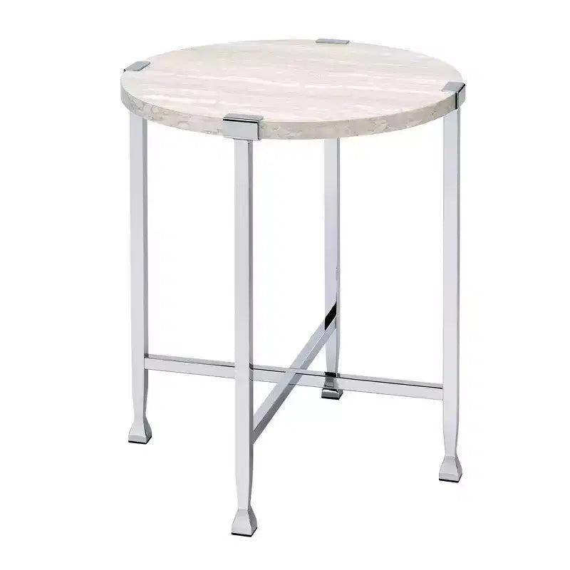 Royal Hampton End Table with X Shaped Metal Base and Round Wooden Top,Silver and Beige